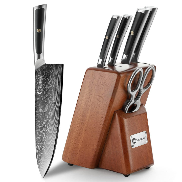 Sunnecko 6pcs Damastmesser Messerblock mit Messer, Messerblock Set Küchenmesser Block Messerblockset