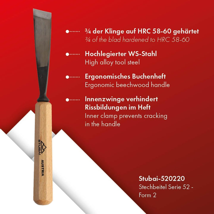 STUBAI Stemmeisen Stechbeitel Serie 52 - Form 2 | Gerades Balleisen, schräg - 20 mm, mit Holzgriff,