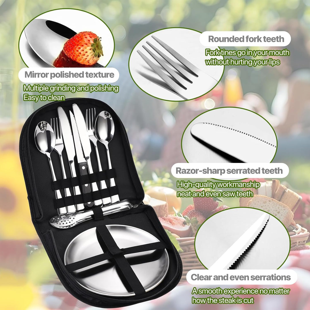 Tragbares Camping-Geschirr-Set, 13-teilig, 2 Personen, Edelstahl, für Outdoor, Camping, Picknick Sil