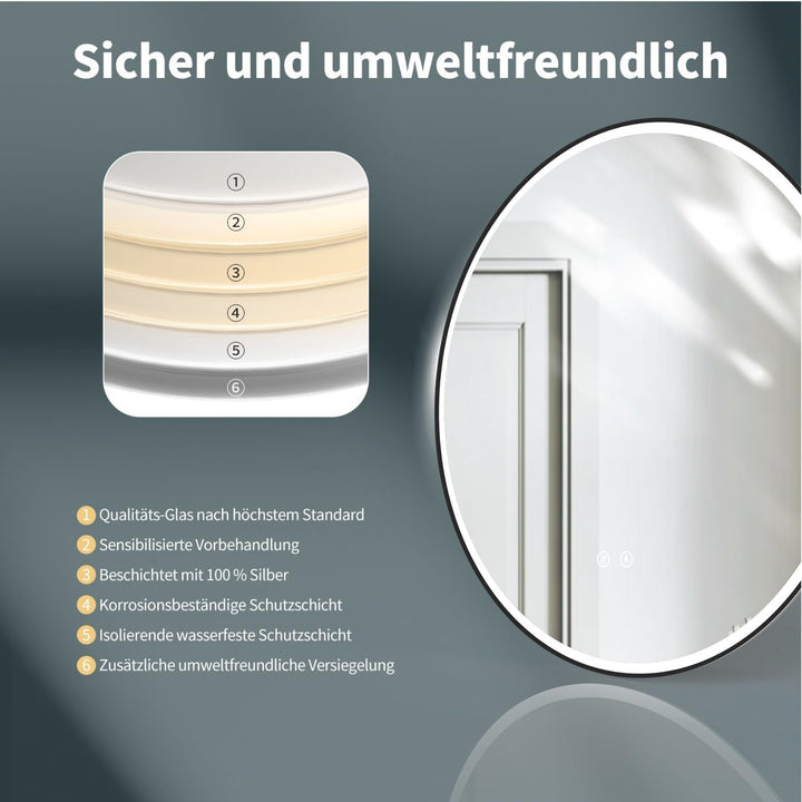 HOKO Design ANTIBESCHLAG Badspiegel rund 60 cm mit Metall Rahmen Matt Schwarz. Runder Bad Wandspiege