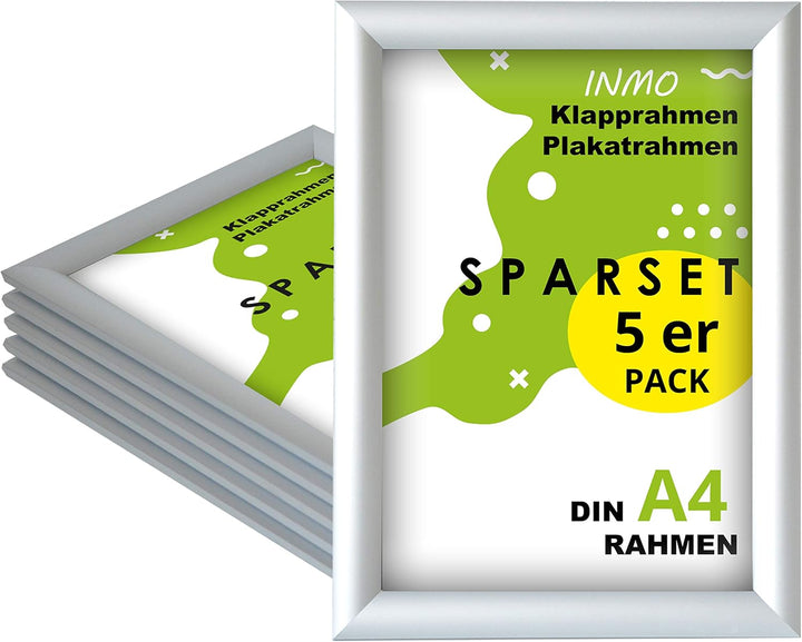 INMO Alu-Klapprahmen DIN A4 5 Stück mit Aluminium Profil ohne Glas - Klappbarer Bilderrahmen Silber