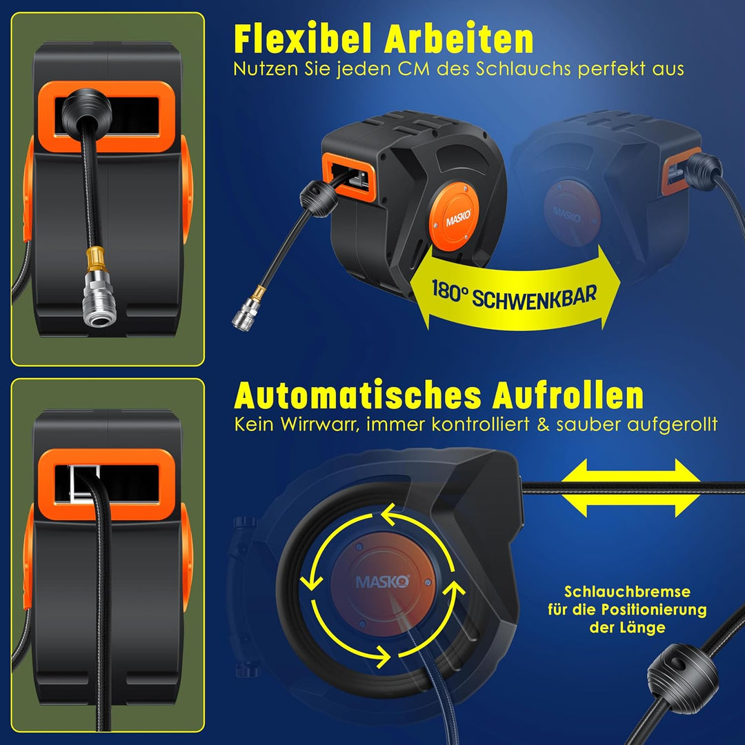 MASKO® Automatik Druckluftschlauch Aufroller 10m – Schlauchtrommel mit 1/4" Anschluss, Schlauchaufro