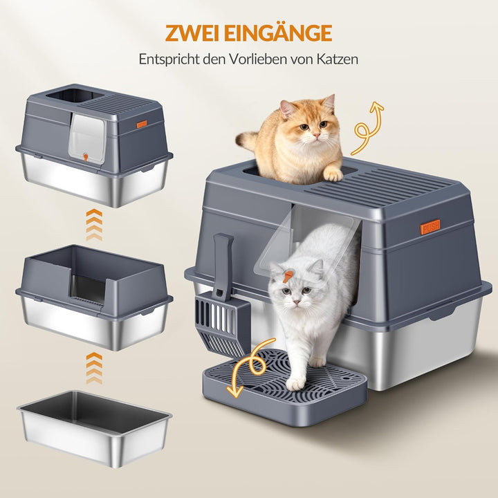 Katzenklo Edelstahl mit Deckel, XXL Geschlossene Katzenklo, Katzentoilette mit Trittstufe und Schauf