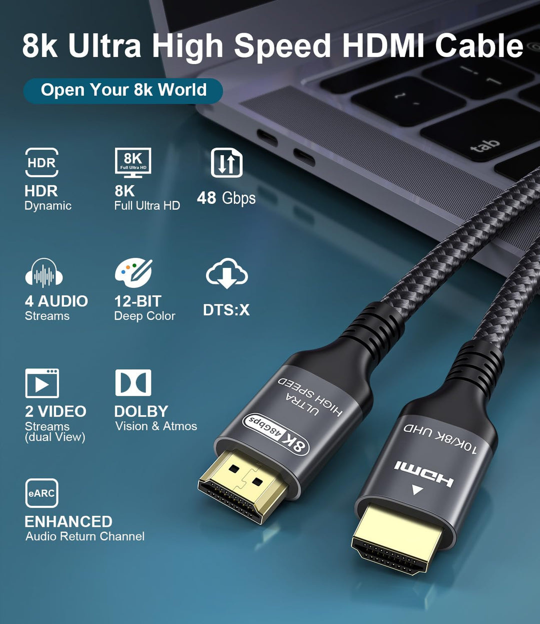 Zertifiziertes HDMI 2.1 Kabel 8K 5m, 48Gbps Ultra High Speed HDMI-Kabel 4K 120Hz/144Hz 8k 60Hz 4:4:4