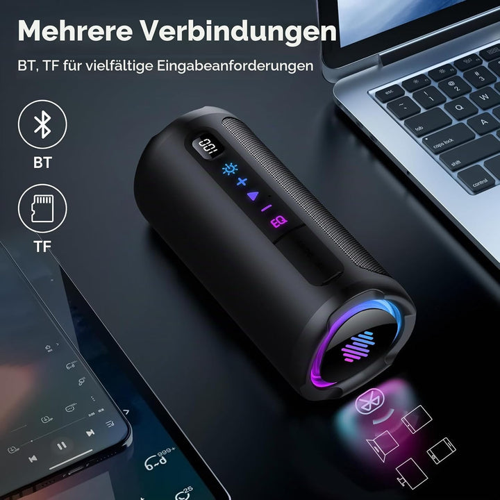 aowoka Bluetooth Lautsprecher mit Licht, 20W tragbare Musikbox, verbesserter Bass, LED-Anzeige, 20 S