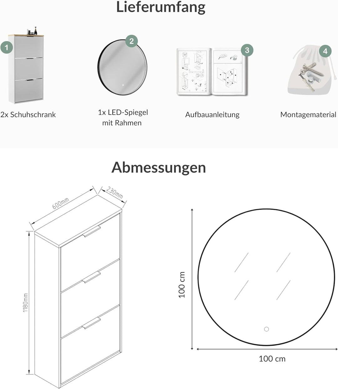 Planetmöbel 2 x Schuhschrank schmal inkl. runder Spiegel mit Beleuchtung 100 cm (3 Lichtstufen) Schu