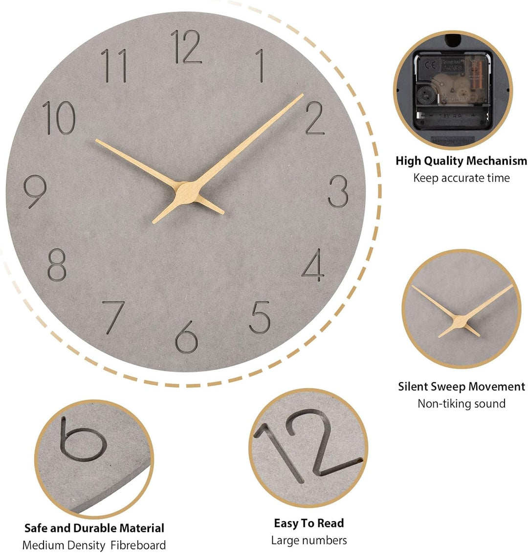 Warminn MDF Holz Wanduhr Ohne TickgeräUsche Lautlos Modern 30cm Quarz Gross Batterie Betriebene Wand