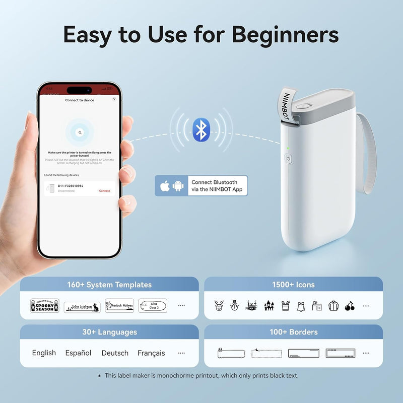 NIIMBOT D11 Etikettendrucker Tragbarer Aufkleberdrucker, Wireless-Technologie und 1 Rolle Stater-Eti