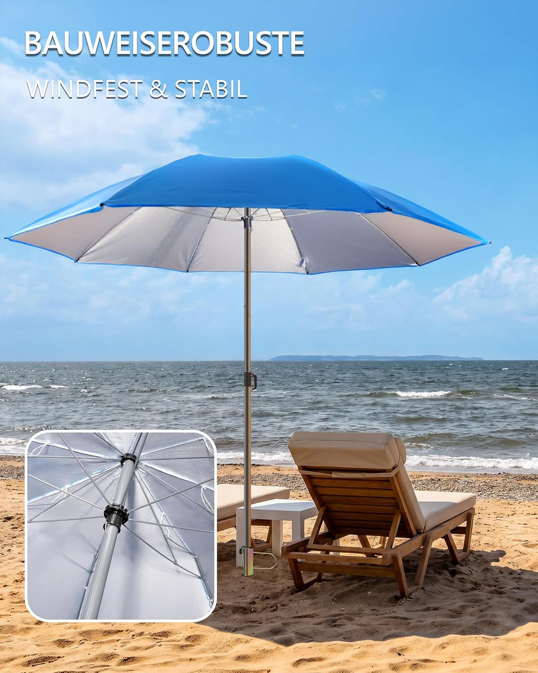 4smile Sonnenschirm Strand SunnyJoy, 3-in-1 SET, Blau - UPF 50+ Strandschirm Ø 180 cm + Sonnenschirm