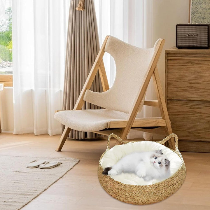 Gewebter Katzenbett, 17-Zoll-Strohhalm gewebte Katzenkörbe mit weichem Kissen, Kratzfeste runde Katz