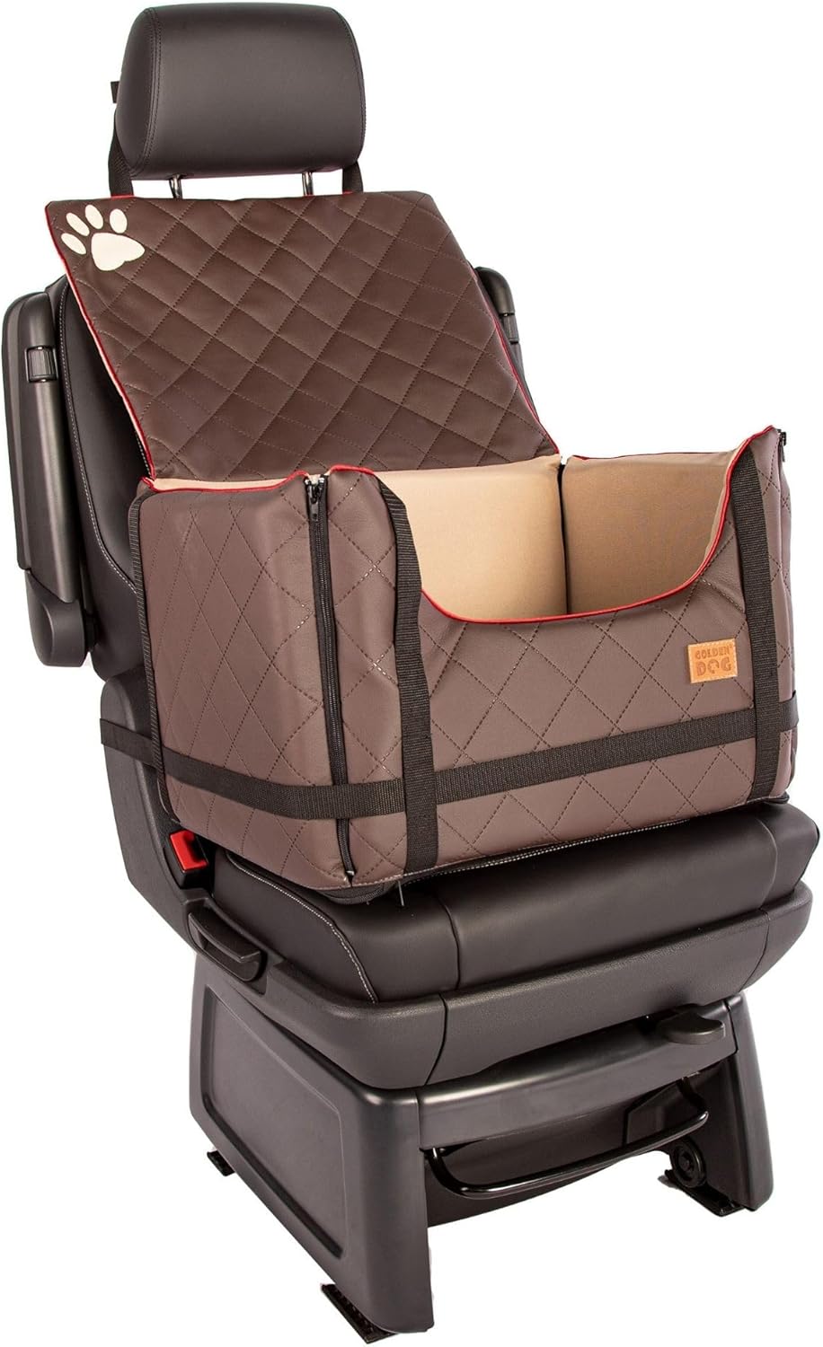 Golden Dog - Transportbox Hund mit Sicherheitsgurt L-65x53x27 cm - Leder Imitation Autositz Hund, Wa
