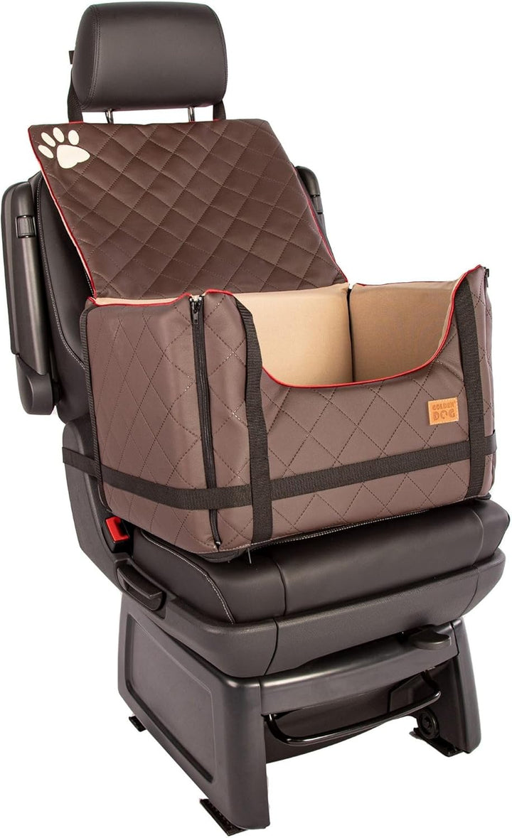 Golden Dog - Transportbox Hund mit Sicherheitsgurt L-65x53x27 cm - Leder Imitation Autositz Hund, Wa