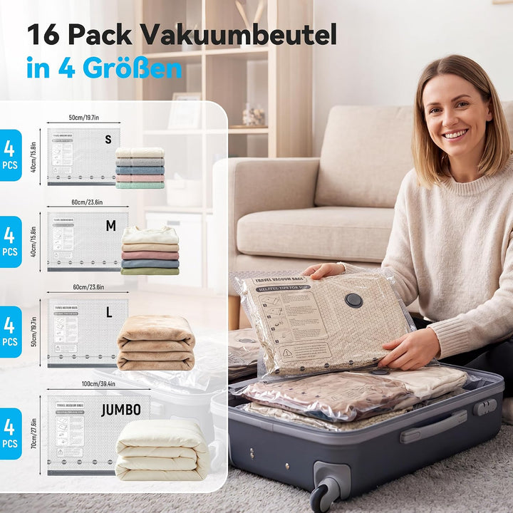 Vakuumbeutel für Kleidung Reise mit Kabellose Pumpe,16 Stück Vacuum Storage Bags für bettdecken in 4