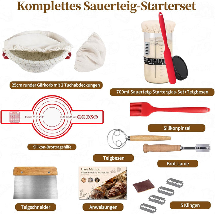 Gärkörbchen Sauerteig Starter Set, 700ml Sauerteig Glas, Gärkorb rund 25cm & Liner – Komplettes Brot