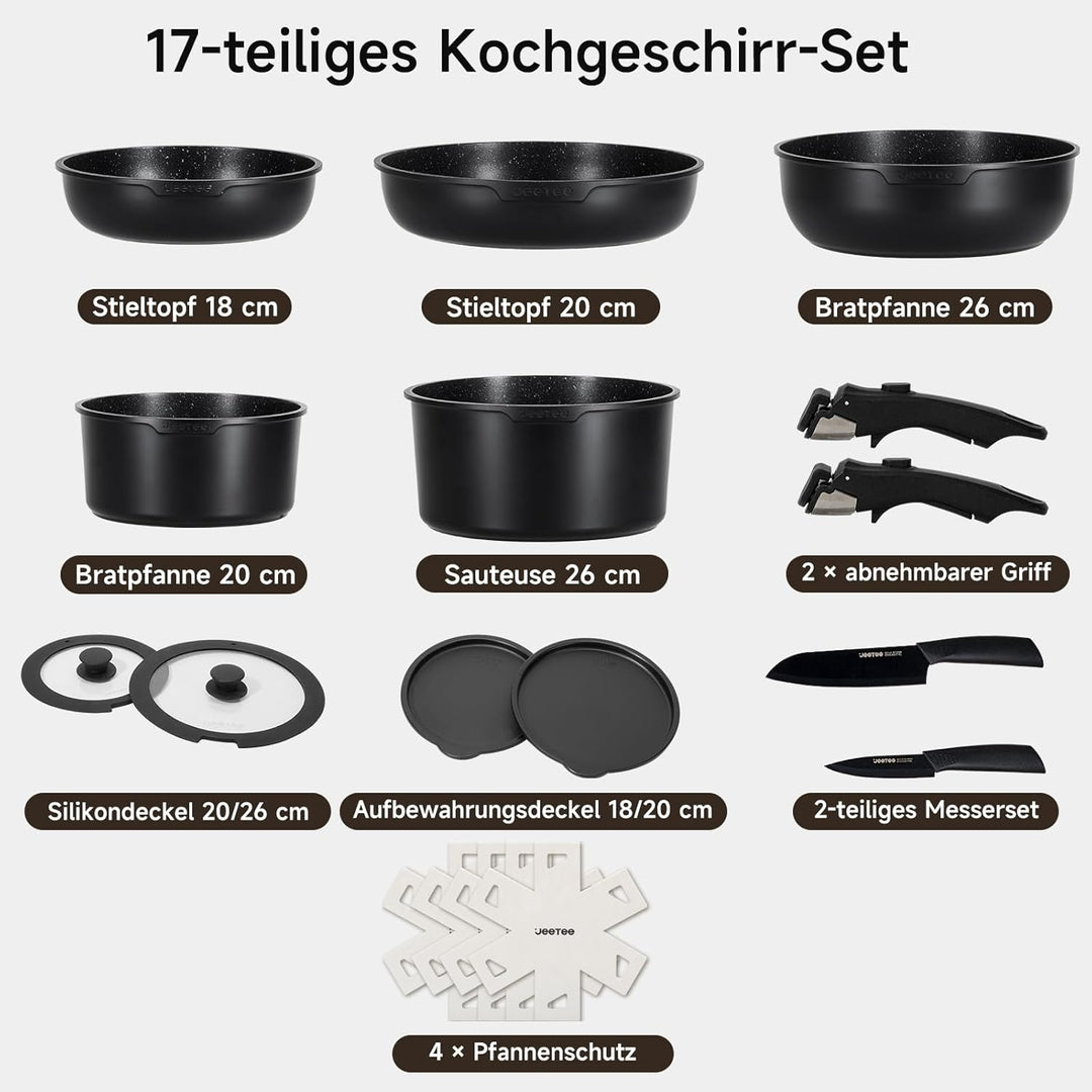 JEETEE Topf und Pfannensets mit abnehmbarem Griff 17-Teilig, Antihaft Pfanneset, Topfset Induktion,