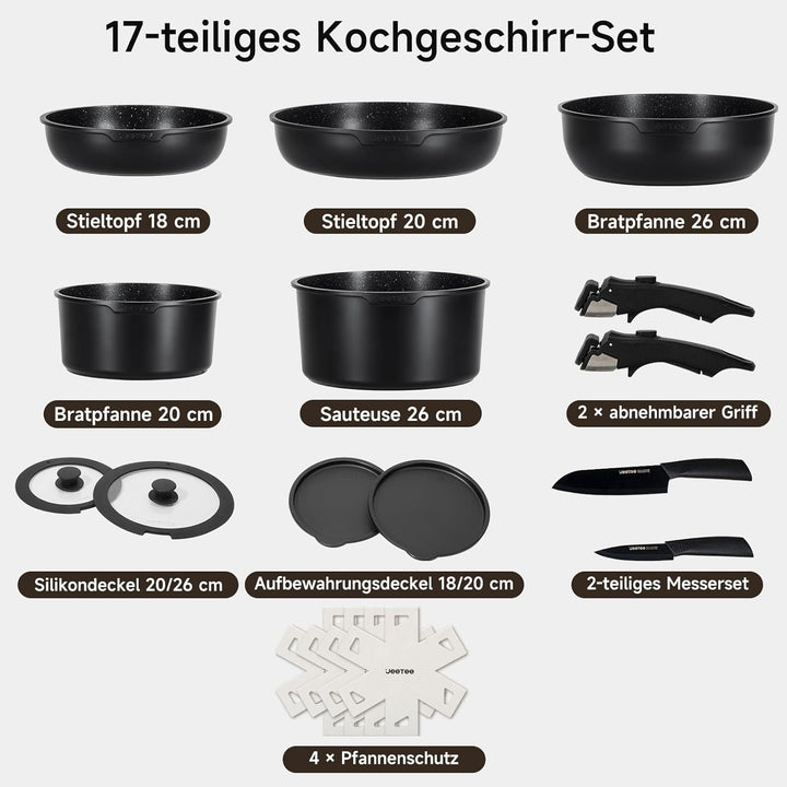 JEETEE Topf und Pfannensets mit abnehmbarem Griff 17-Teilig, Antihaft Pfanneset, Topfset Induktion,