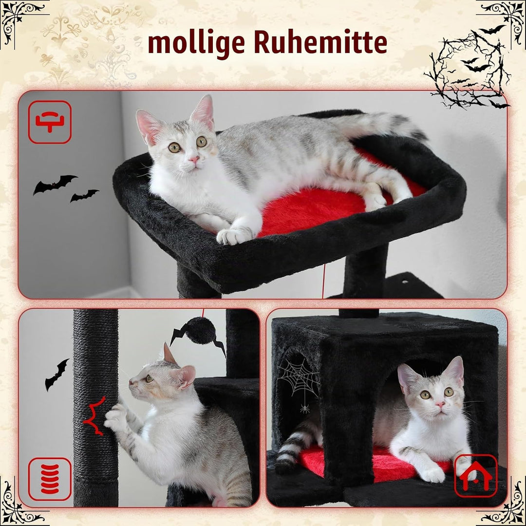 PAWZ Road Katzenbaum 116cm Gothic Halloween Edition, Schwarzer Kratzbaum mit Metall-Plüsch-Hängematt