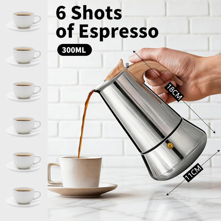 Romon Espressokocher Edelstahl, 6 Tassen 300ml Silber, Mokkakanne Mit Holzgriff, Geeignet Für Glaske