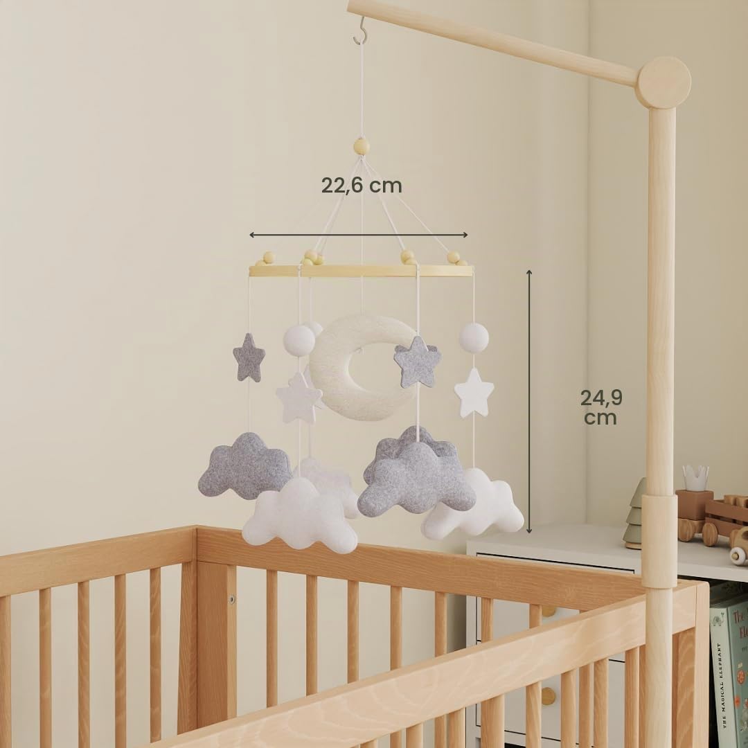 Mondwolke Baby Mobile für Babybett, handgemachtes Filz Mobile Baby in Grau und Weiss, Mobile Babybet