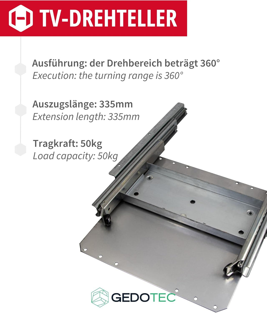 Gedotec TV-Drehteller Fernseh-Auszug drehbar zum Schrauben an Fachboden | Schrankauszug Tragkraft 50