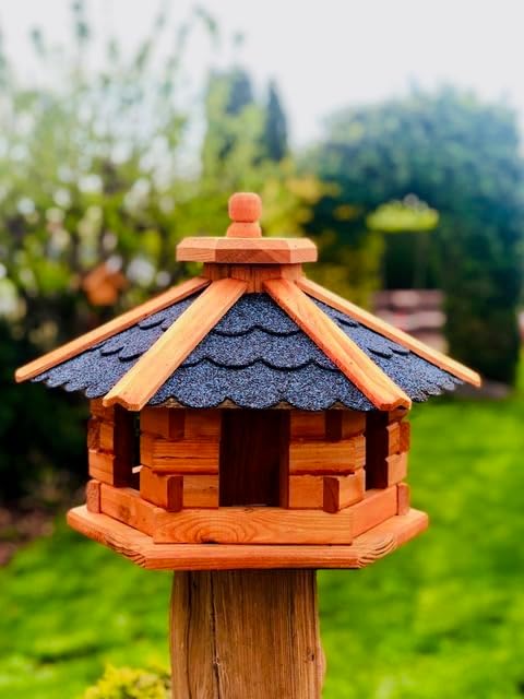 Handgefertigtes Sechseck Vogelhaus aus Holz wetterfest M - XXL wahlweise mit und ohne Ständer, Futte