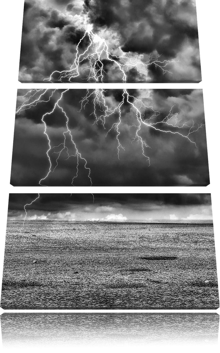 Pixxprint Monocrome, Gewitter über Meer 3-Teiler Leinwandbild 120x80 Bild auf Leinwand