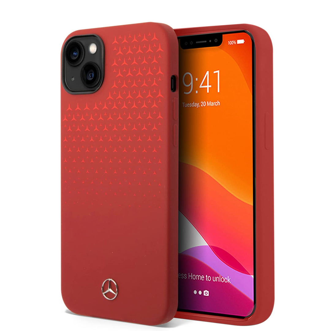 CG MOBILE Mercedes-Benz Schutzhülle für iPhone 14 Plus in Rot Farbverlauf Stern Muster Flüssigsiliko