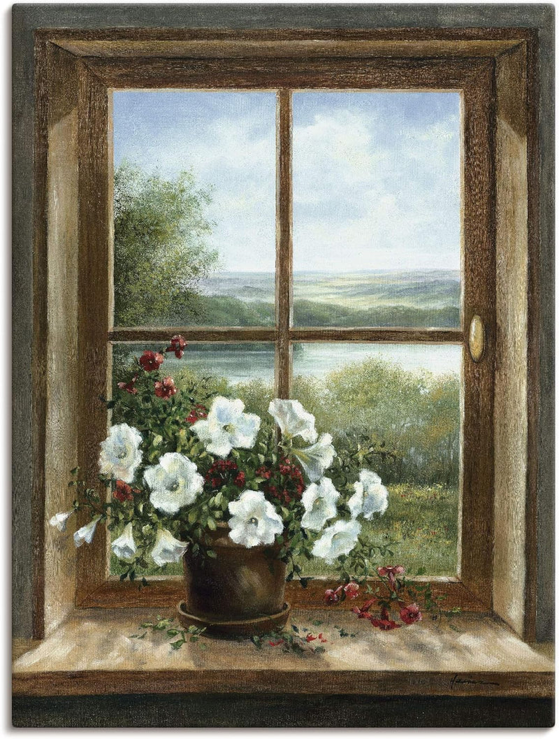 Artland Leinwandbild Wandbild Bild auf Leinwand 90x120 cm Wanddeko Fensterblick Blumen Fenster Lands