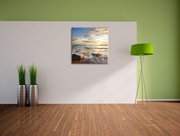 Sonnenuntergang am Meer, Format: 70x70 auf Leinwand, XXL riesige Bilder fertig gerahmt mit Keilrahme