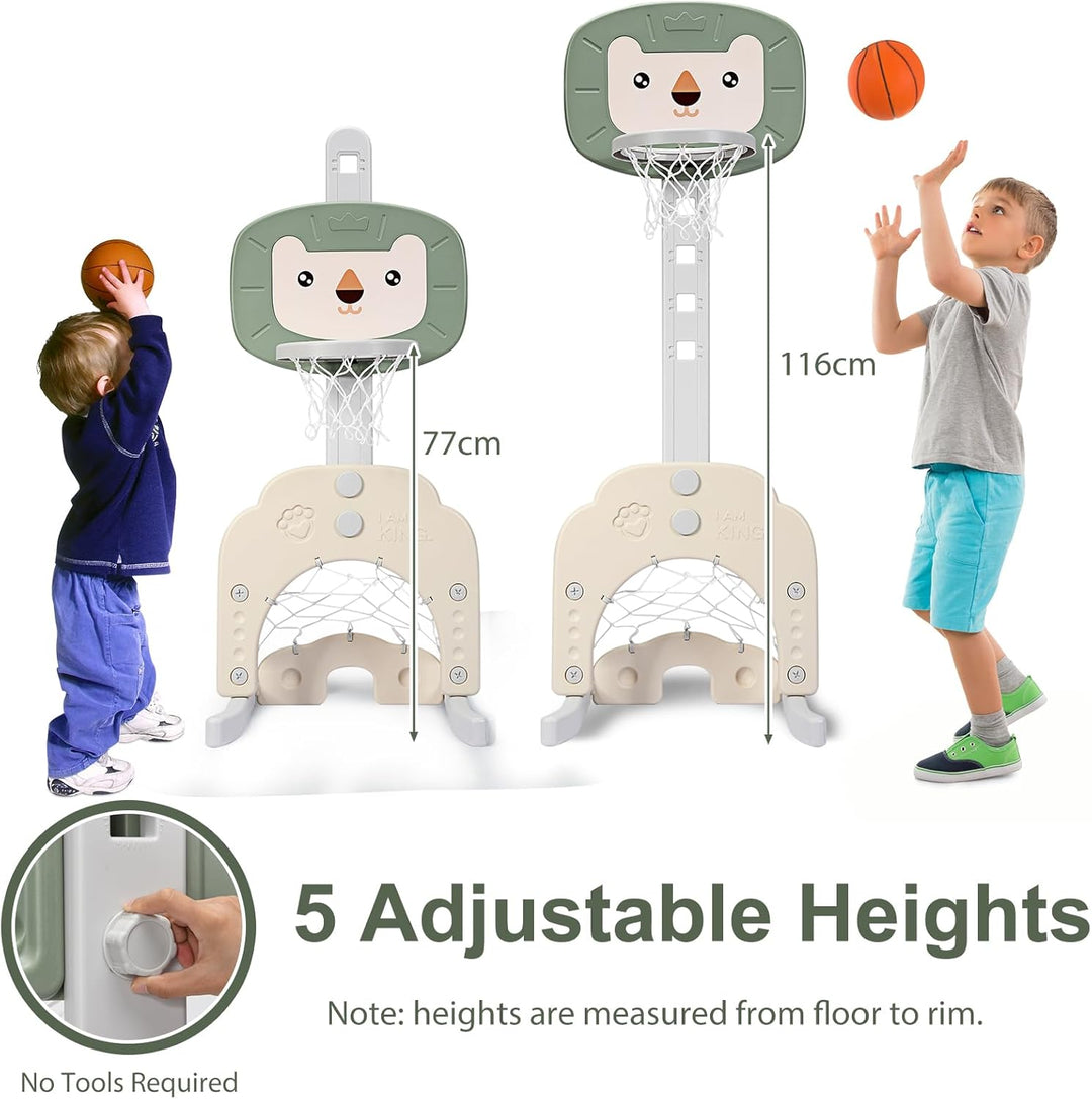 HOMASIS 3 in 1 Kinder Basketballkorb Set, multifunktionaler Basketballständer mit Fussballtor & Golf