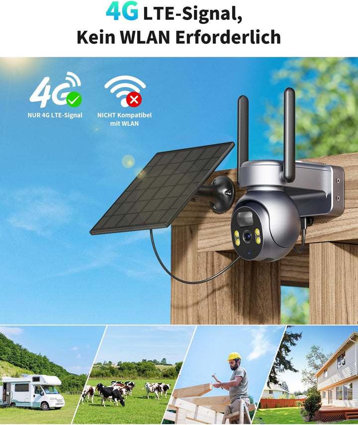 SEHMUA 4G LTE Überwachungskamera Aussen Solar mit SIM Karte - 2K HD PTZ Kabellos Kamera Ohne WLAN Ou