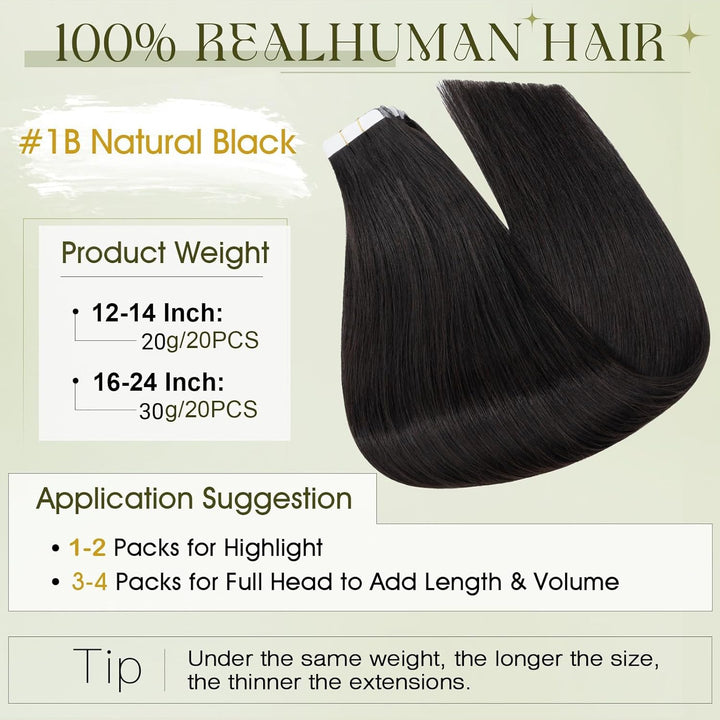 Benehair Tape in Extensions Echthaar, 20Pcs 20g Invisible Tape Extensions Echt Haar, Haarverlängerun