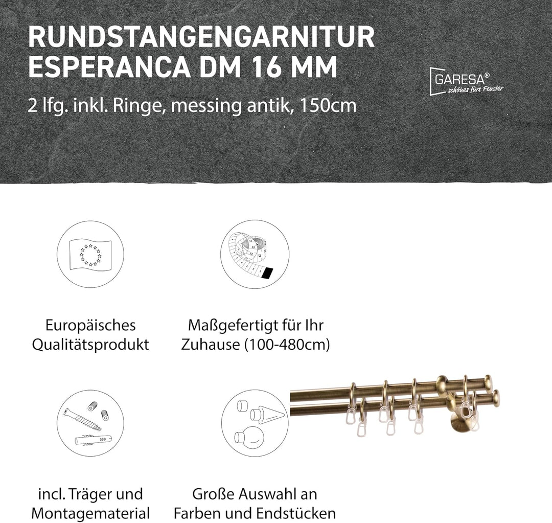 Garesa Gardinenstange Esperanca Ø 16mm, 2-läufig, Messing, antik I Rustikale Vorhangstange inkl. Rin