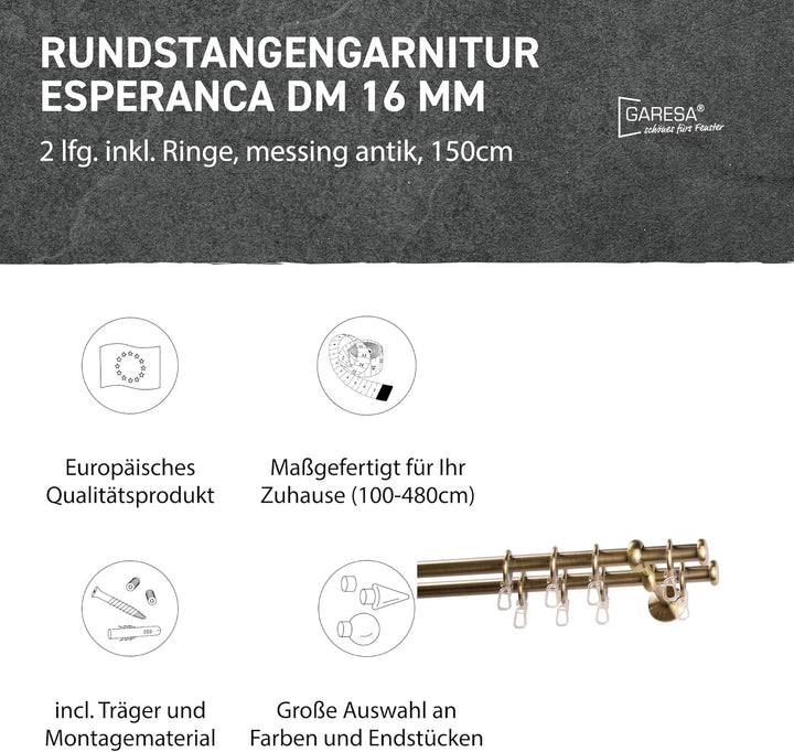 Garesa Gardinenstange Esperanca Ø 16mm, 2-läufig, Messing, antik I Rustikale Vorhangstange inkl. Rin