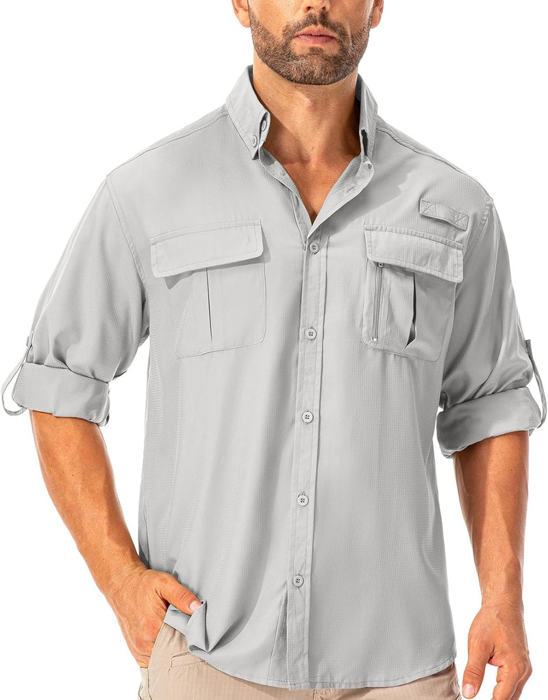 Asfixiado Hemd Herren Safari UPF50+ UV Schutz Wanderhemd Herren Langarm Funktionshemd Outdoorhemd At