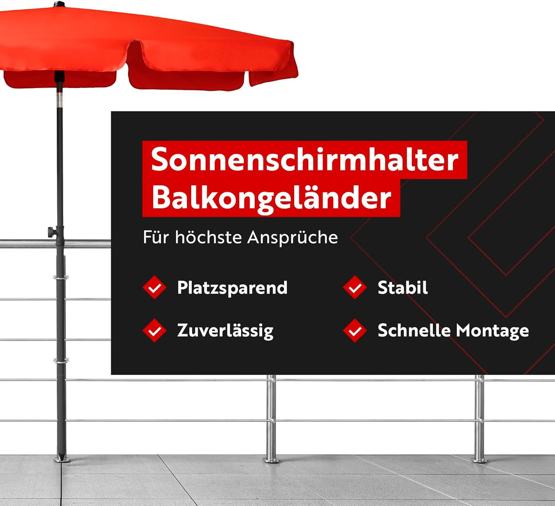 STORM-PROOF Sonnenschirmhalter für runde Geländer - Zwei-Punkt-Befestigung aus Stahl (Schirmstock Du