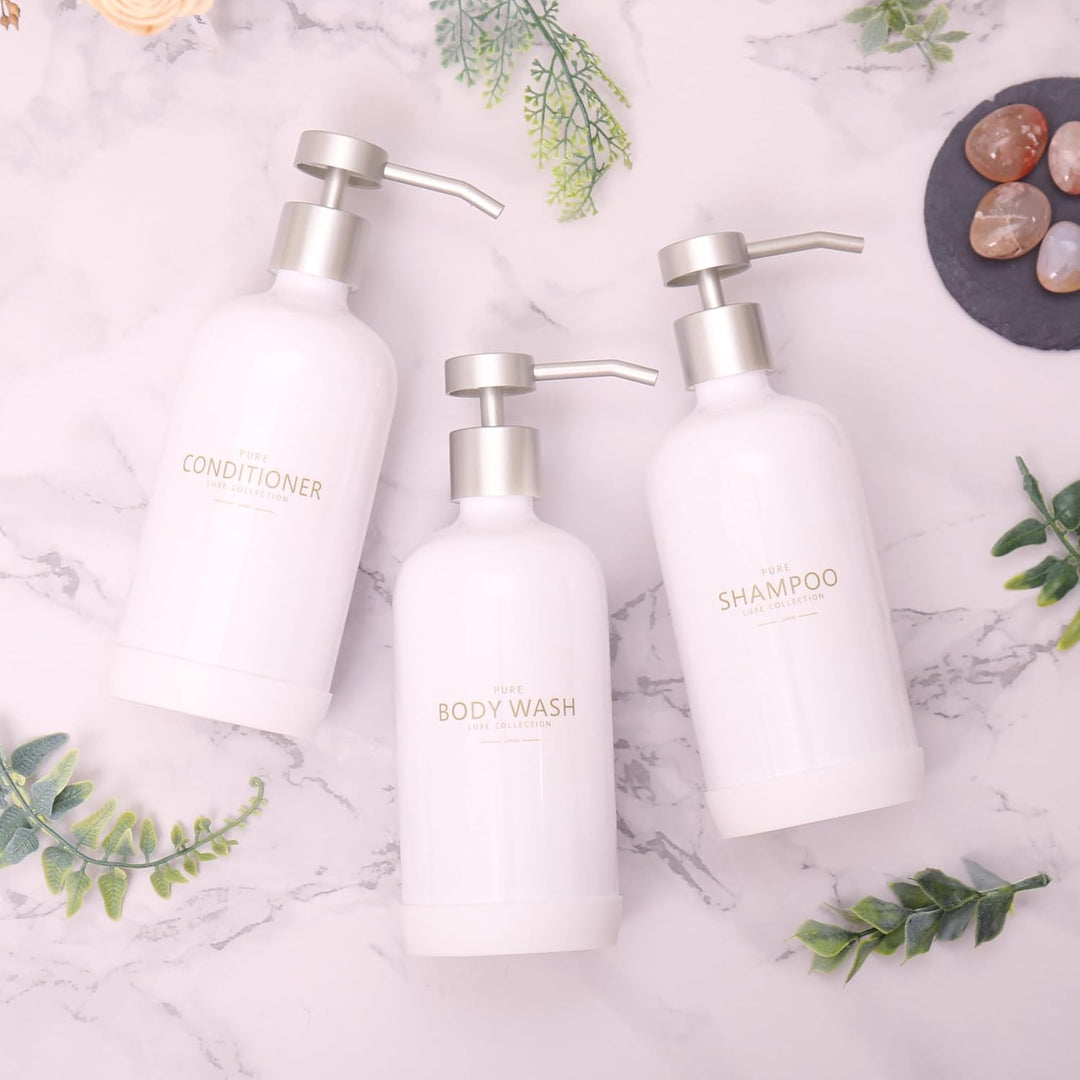 Janxin Shampoo- und Spülungsspender, Set mit 3 nachfüllbaren 600 ml Shampoo-Flaschen mit rutschfeste