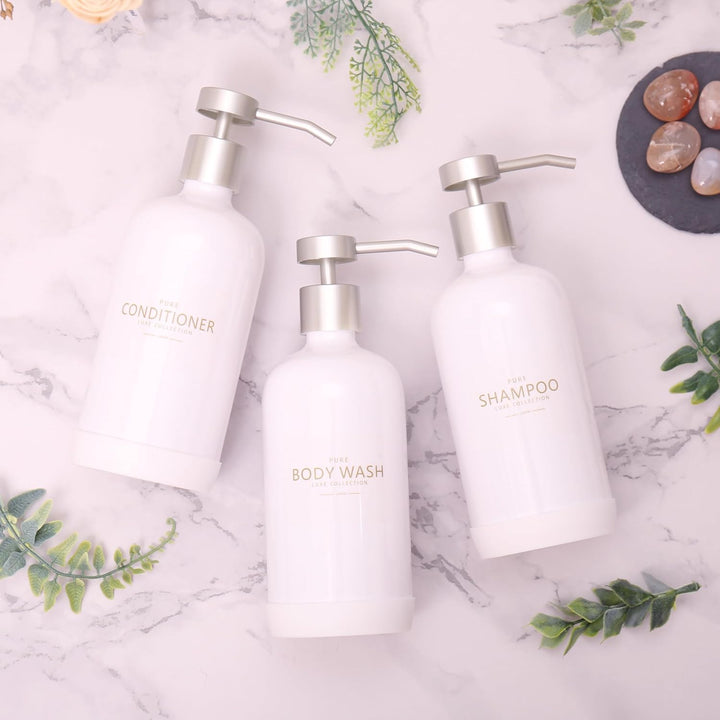 Janxin Shampoo- und Spülungsspender, Set mit 3 nachfüllbaren 600 ml Shampoo-Flaschen mit rutschfeste