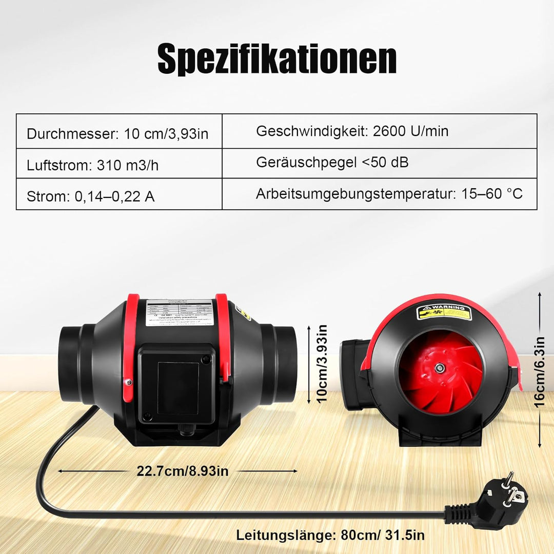 100 mm Einstellbar Rauchabzug Rohrventilator Inline-Kanalventilator, 310 m3/h Abluftventilator Lüfte