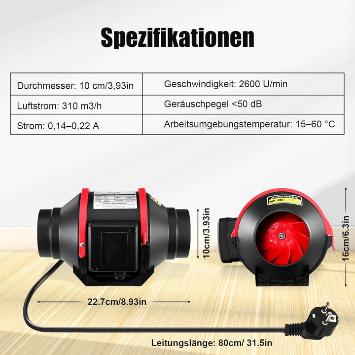 100 mm Einstellbar Rauchabzug Rohrventilator Inline-Kanalventilator, 310 m3/h Abluftventilator Lüfte