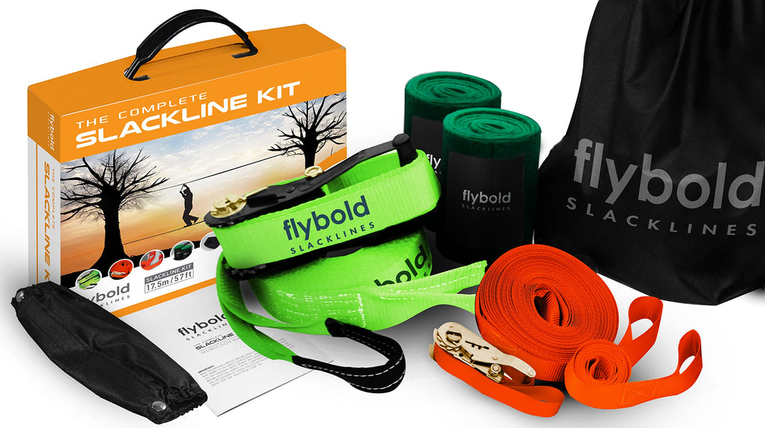 flybold Slackline Kit mit Trainingsleine Baumschutz Ratschenschutz Armtrainer 17,4 m einfache Einric