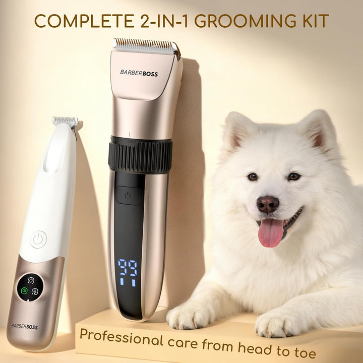 BarberBoss Kabelloser Haustier-Fellpflege-Clipper, Keramikklingen, LED-Display, schnelles Aufladen,