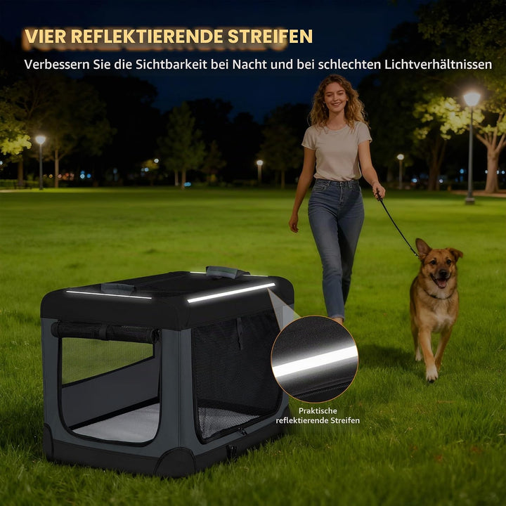 Hundebox Faltbar, 3-Türiger Transportbox Hund, Tragbare Hundetasche mit Reflektierenden Streifen und