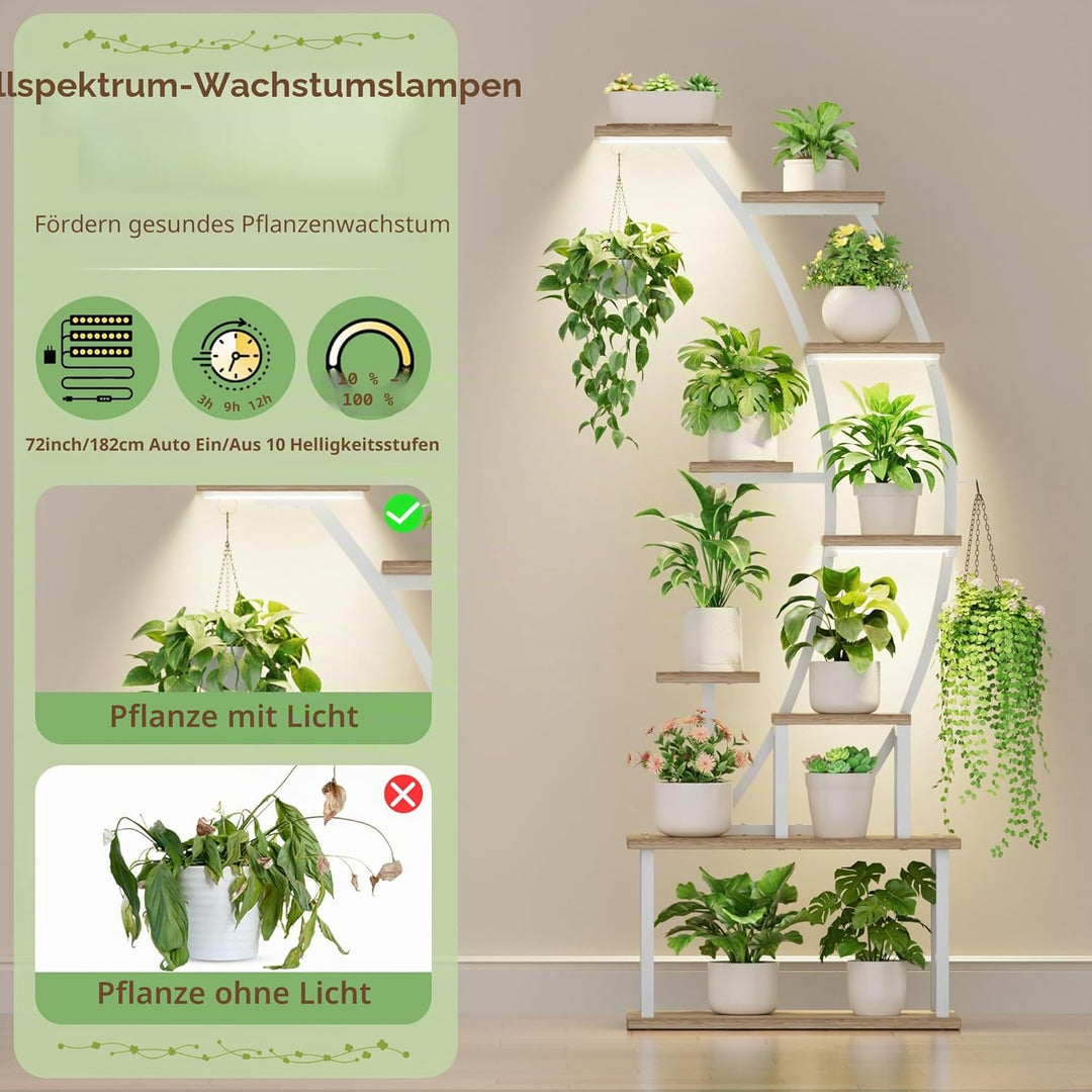 Pflanzenständer mit Wachstumslicht - 9 Ebenen Blumenständer 160 cm Metall Holz Pflanzenregal - Innen
