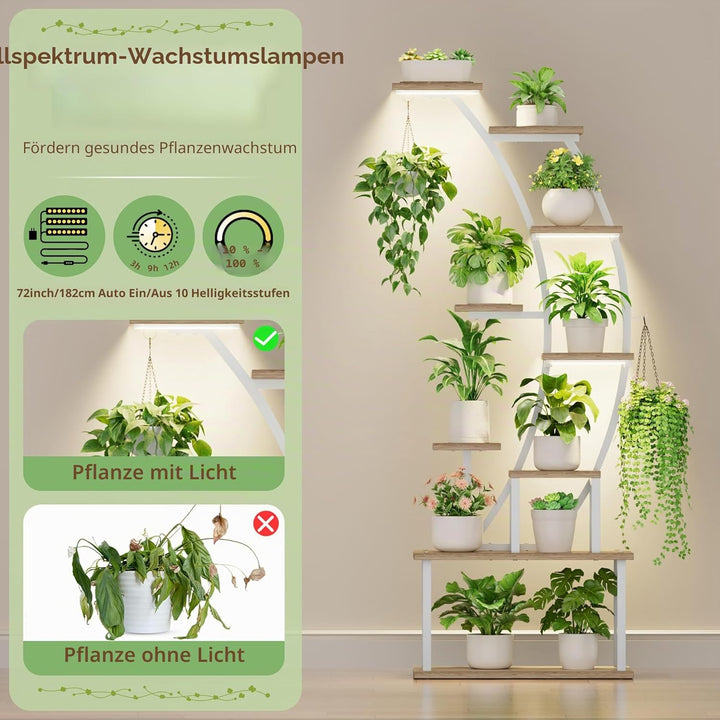 Pflanzenständer mit Wachstumslicht - 9 Ebenen Blumenständer 160 cm Metall Holz Pflanzenregal - Innen