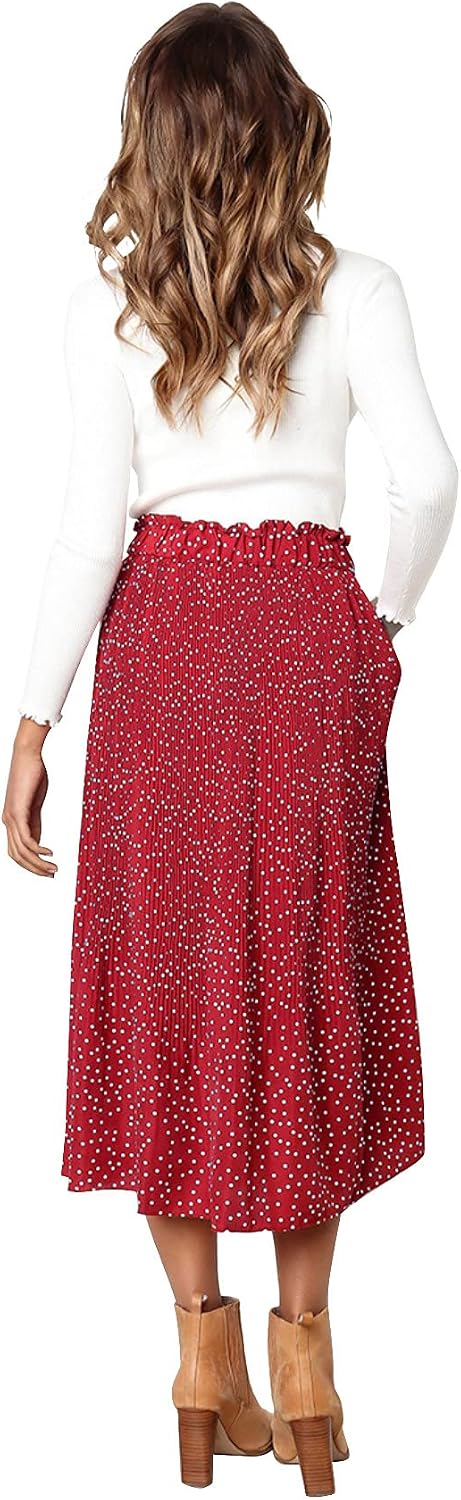 Hoerev Frauen Print Punkt mit Taschen Falten Langer Rock Beach Party Maxi Rock S Rot Punkt, S Rot Pu