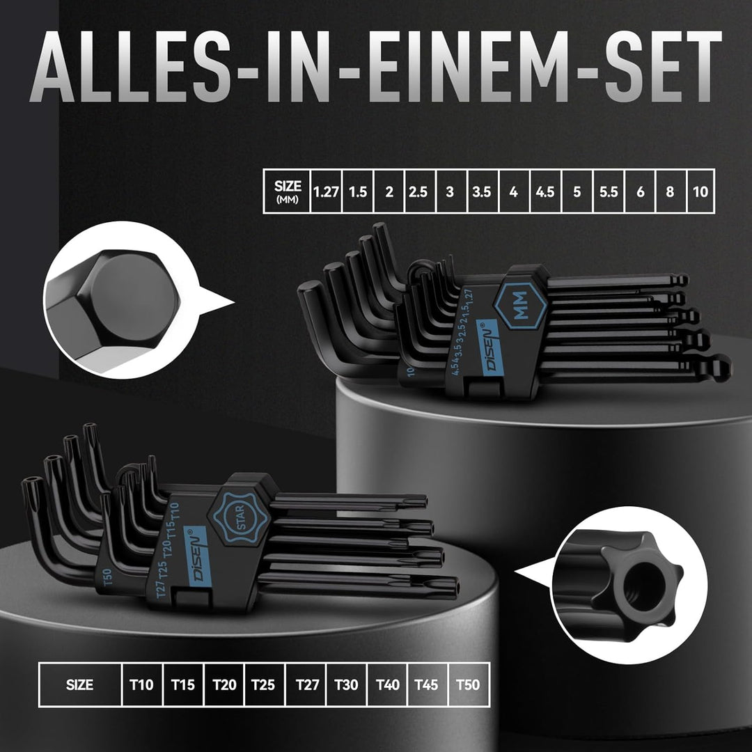 DISEN 22-teilig Innensechskant-Schlüssel-Set,13-tlg mit Kugelkopf, Innensechskant LANG, 1,27 bis 10
