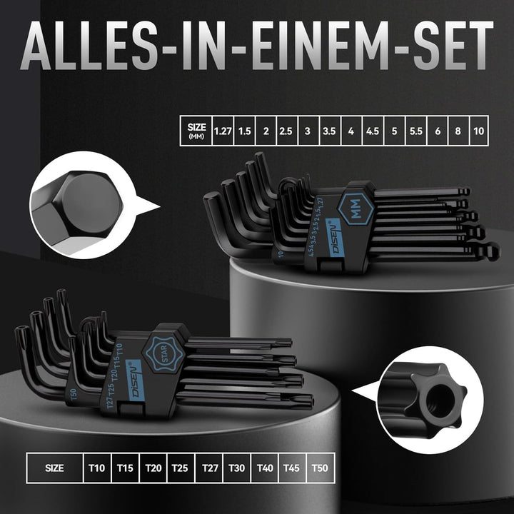 DISEN 22-teilig Innensechskant-Schlüssel-Set,13-tlg mit Kugelkopf, Innensechskant LANG, 1,27 bis 10
