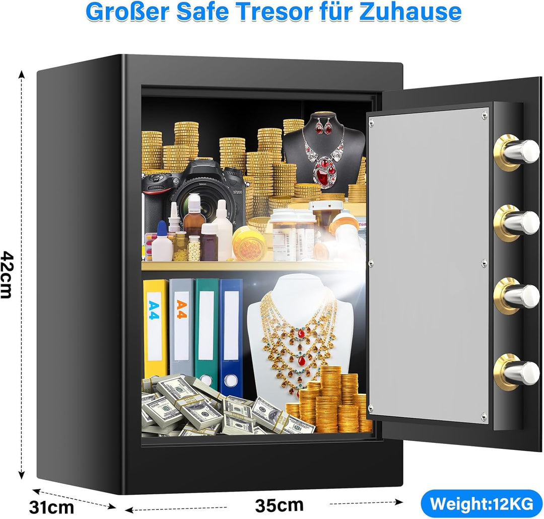 45L Grosser Feuerfester Tresor Safe mit Feuersichere Dokumententasche, Digitaler Möbeltresore mit 2