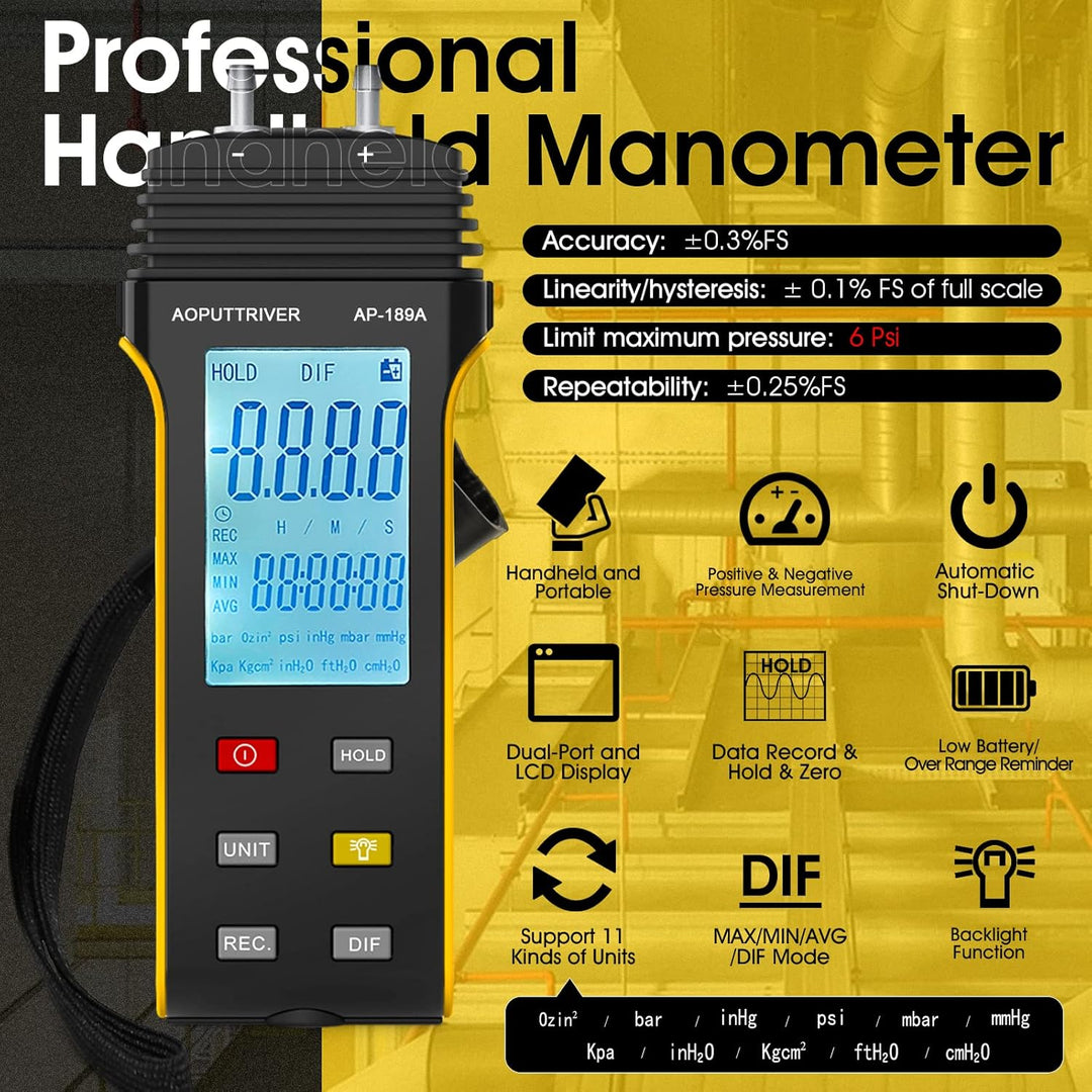 Manometer, AOPUTTRIVER AP-189A Professionelles Luftdruckmessgerät, Gasdruckmessgerät mit zwei Anschl